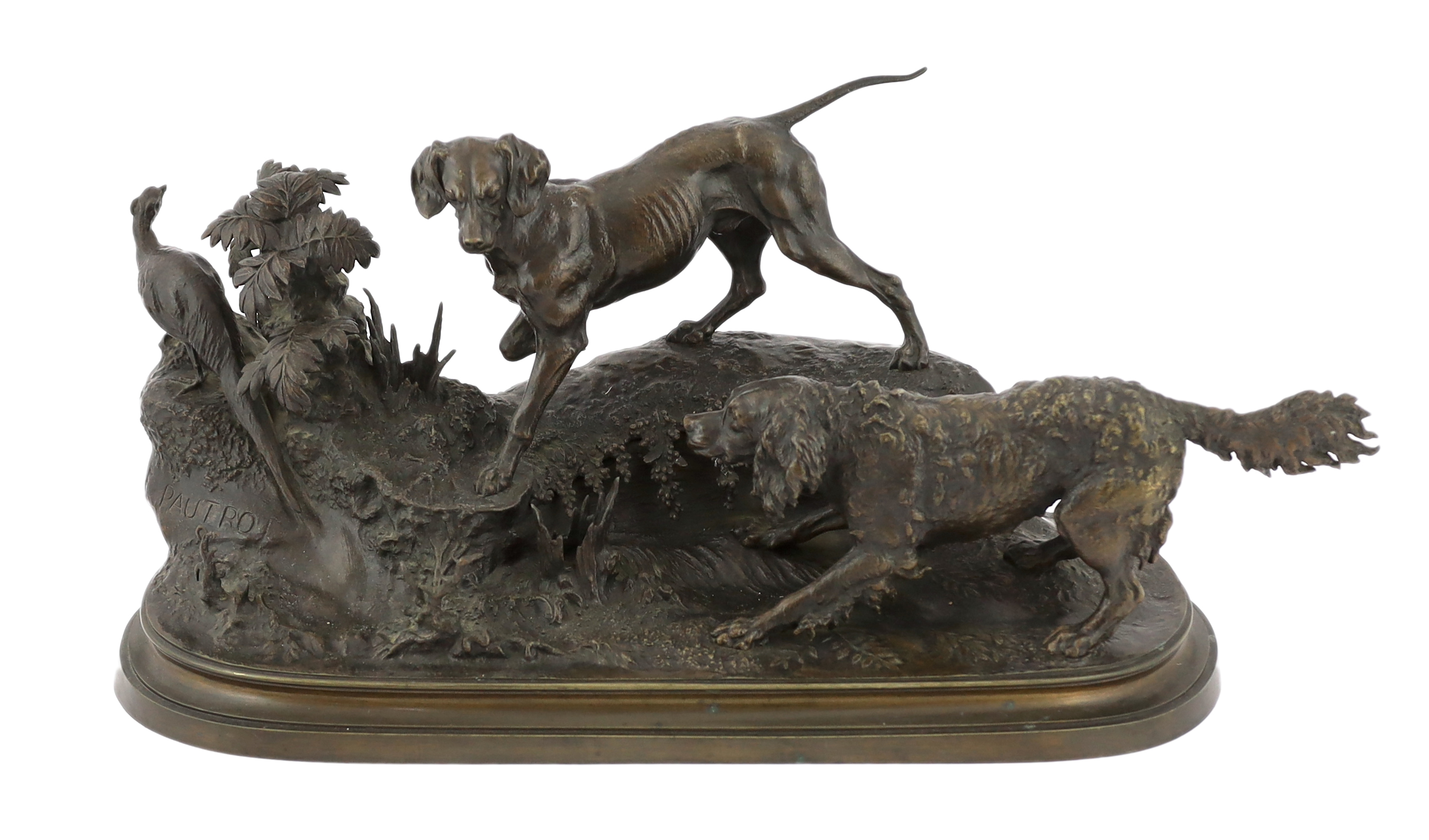 After Ferdinand Pautrot (1832-1874), a bronze group of a spaniel and a hound chasing a pheasant, 63cm wide, 29cm high